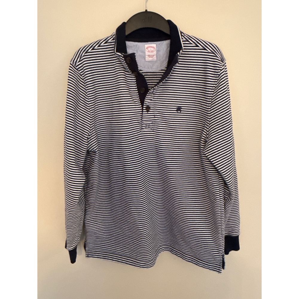 Brooks Brothers Mens Large Striped Long Sleeve Polo Shirt Navy White Cotton